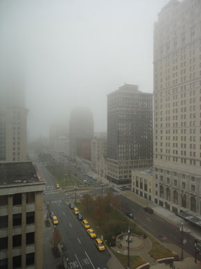 The city was foggy and warm...but now it's windy and cold. 