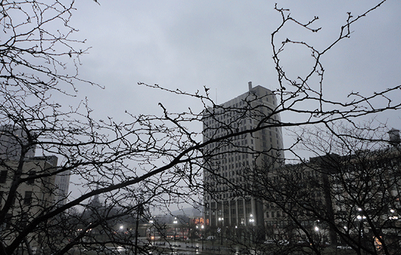 City. It was raining today. It was snowing when this story took place. 