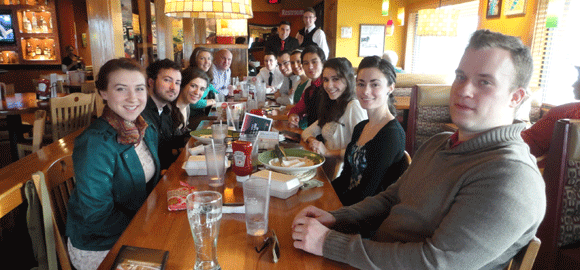 The crowd gathers for dinner beforehand. Tradition. 