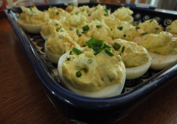 Lone picture of tea-party food: deviled eggs. Those chives are from the garden, yo. Also, I substituted Greek yogurt for mayo which made me feel like I was packing protien-rich eggs with protein-rich Greek yogurt. So these are essentially power punches of protein. Only super cute. 
