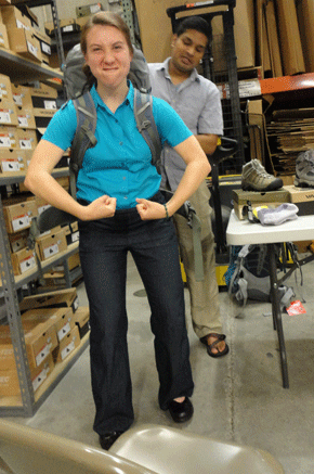 Julia tries on a backpack for the Camino. I actually took this picture last week, but it didn't debut until today. 