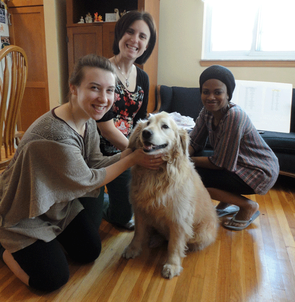 On Sunday we had some ladies over to PREP FOR MY PLAY. Also, there was a puppy. Kathryn's puppy. But Kathryn didn't want to be featured. Only Julia, Christine, and Danielle.