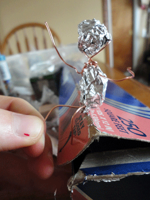 Step two: add foil. If you have foil in the center you can use less clay. #protip Plus, the foil is stronger. (I think). Do you like this mini-guy? :)