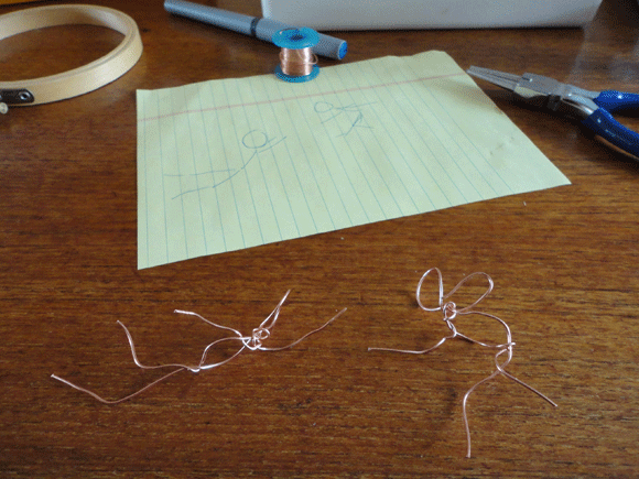 Step one: start with a plan. That sketch is my plan. (In my head I think it was more etched out). I made some wire-figures for sizing and strength purposes. So cute!