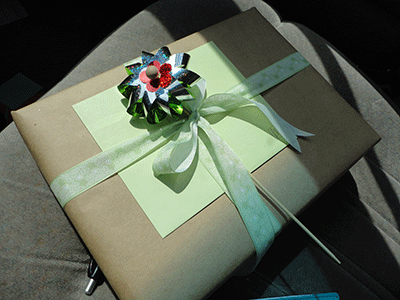 And wrapped! (With a pinwheel from Kathryn. Sorry I forgot to use the pinwheels at the tea party, Kathryn. Also, I'm listening to "Titanic: The Musical" right now). 