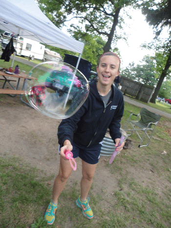 Here’s a picture of Christine playing with bubbles! She was gifted with that bubble wand when she graduated and she played with it quite a bit on our camping excursion. She gave it to a neighboring little kid at the end of the trip. 