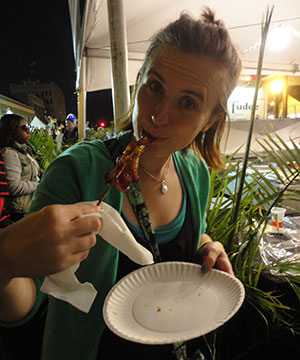 I mean garden-food, but here's a picture of Christine eating bacon. It's her love-food. 