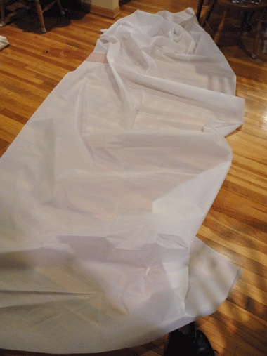 Crinoline material spread out across the living room and kitchen. I was home alone, man.