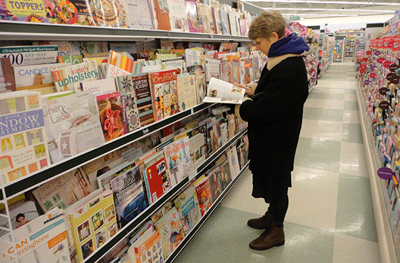 At the store, looking at magazines while I had my material cut. So many options for projects! 