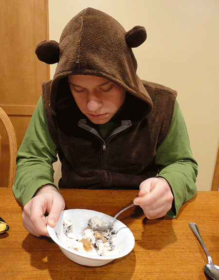 And here's a picture of Paul dressed like a bear and eating ice cream. 