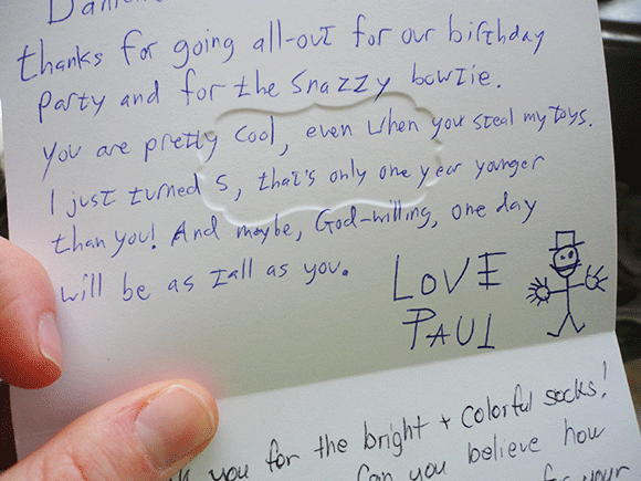 I received a thank you card from Paul and Christine for certain tokens of birthday acknowledgement. 