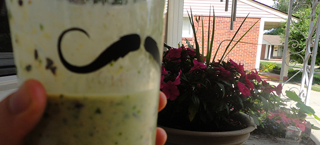 Smoothie of grape juice, frozen mango, greek yogurt, blueberries and spinach. Yes. 