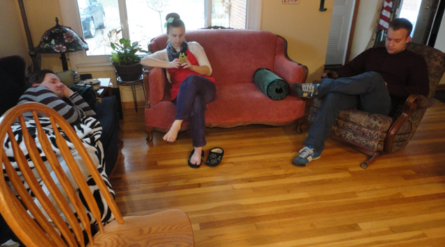 Calm before the storm. "Storm" meaning guests. And there was a little storm, noted on our couch. Early arrival taking a nap. 