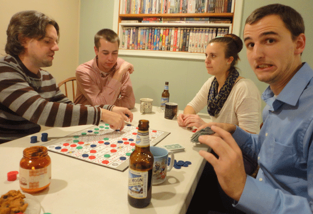 Aaaaaand then people trickled out except for the STRONG SURVIVORS who stayed beyond midnight. See Tony in the corner? He ran with us in the morning, and I invited him to join for dinner. Good thing, too, because we won the elusive "best of nine consecutive Sequence games" award, a challenging title to be sure. 