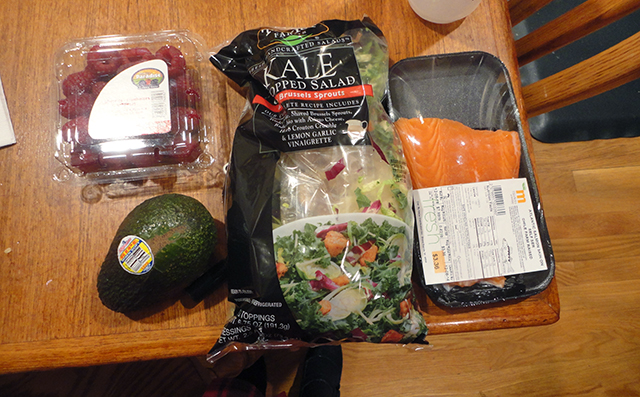 Raspberries. My favorite, favorite fruit topping all favorites of fruits. Avocado. Somehow full of fat, even though it is a vegetable. Kale Salad. I was apprehensive to jump upon the well-established Kale bus...but, now I ride it. I ride it hard. Finally, salmon. Farm raised, it's all I could find. Say hello to my friends protein and iron. 
