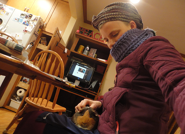 Piggy selfie! (To answer the question you're all asking yourselves: we have heat. I'm just perpetually cold. Therefore jacket and scarf and headscarf and piggy lap-warmer IN EFFECT).