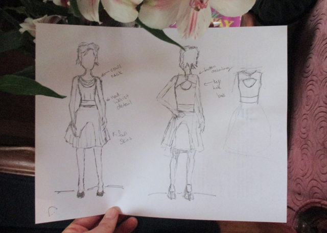 This was my concept-sketch. Well, one of many. The rest are scattered about notepads throughout my office and house and bookbag. And most aren't this complete, either. Only a neckline here, a skirt there. 