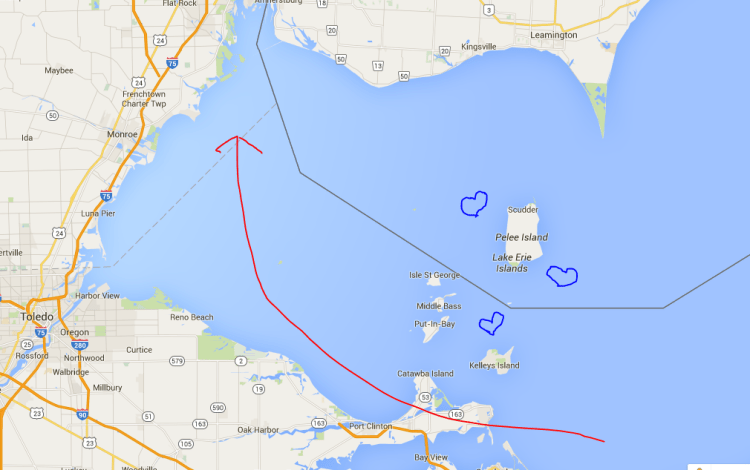 The red arrow shows the direction the plane flew, the hearts show the islands I looked at and thought, "I must remember these and find them on a map, later."
